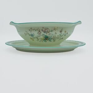 Vintage Noritake Japan Paradise Green 8223 W80 Floral Gravy Bowl with Platter